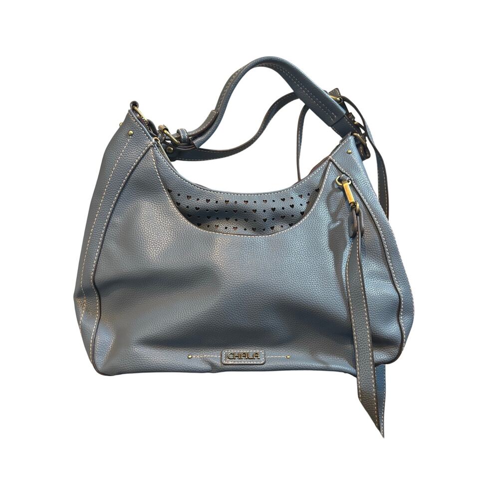 Chala Blue Laser Cut Pebbled Vegan Leather Slouchy Hobo Bag
